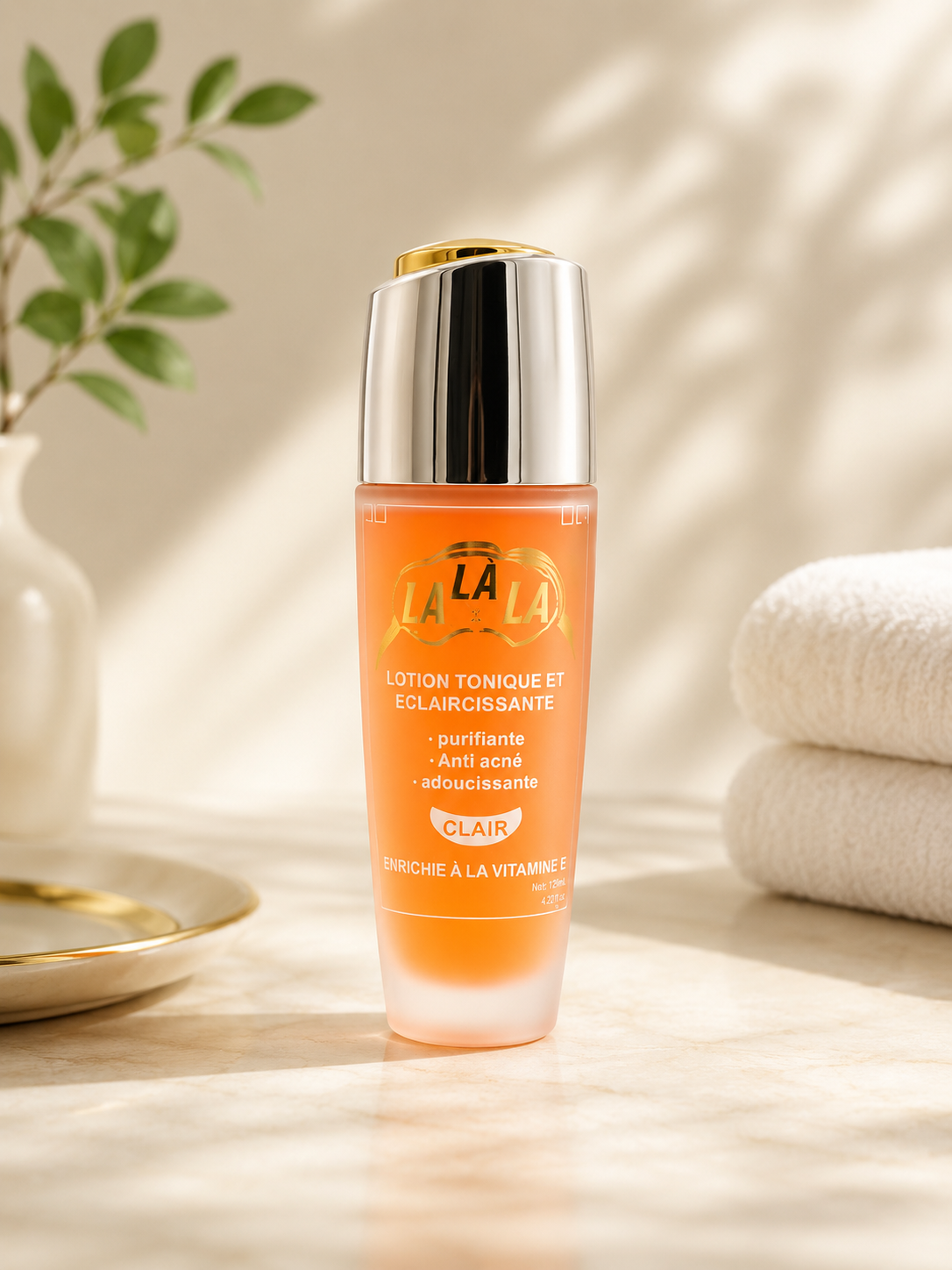 LaLaLa Softening Beauty Oil with Vitamin E in 3.5 fl oz bottle, featuring clear glass container and golden oil inside