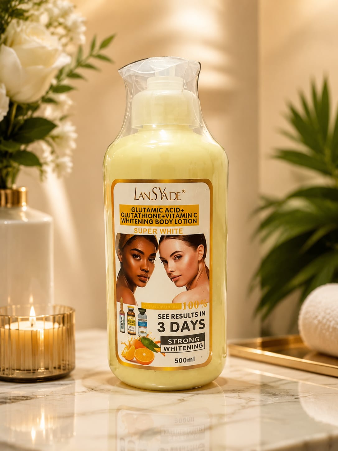 LansYade Glutamic Acid + Vitamin C body lotion bottle, 500ml, with creamy texture and label visible, designed for skin hydration.