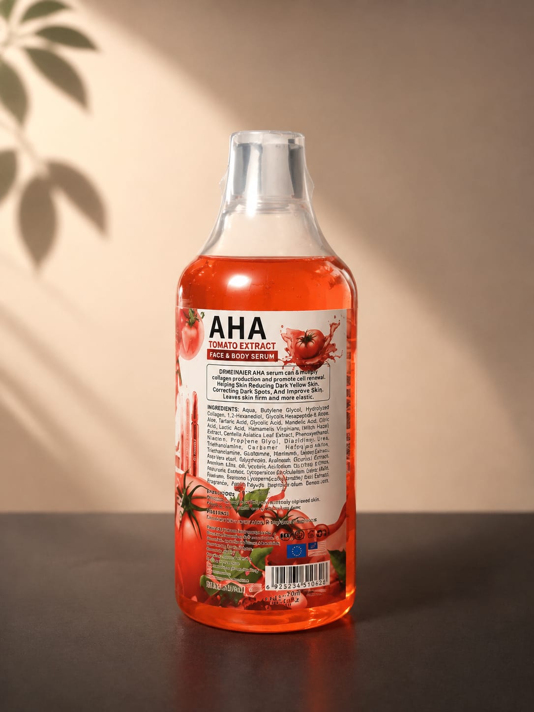 Dr. Meinaier AHA Body Serum 500ml bottle with pump dispenser, clear label, and sleek packaging.