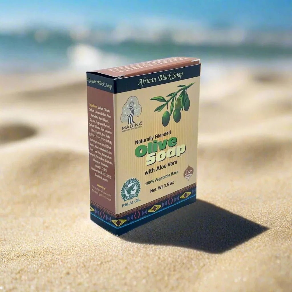 African Black Soap with olive oil and aloe vera in a 3.5oz bar, showcasing a natural, handcrafted soap product.