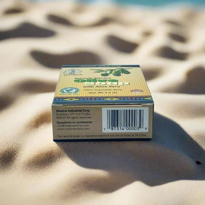 African Black Soap with olive oil and aloe vera, 3.5oz, natural blend for cleansing and skin soothing.