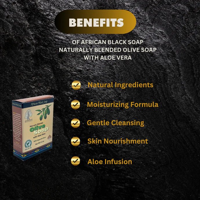 African Black Soap with olive oil and aloe vera in a 3.5oz bar, featuring a natural blend of ingredients and dark color.