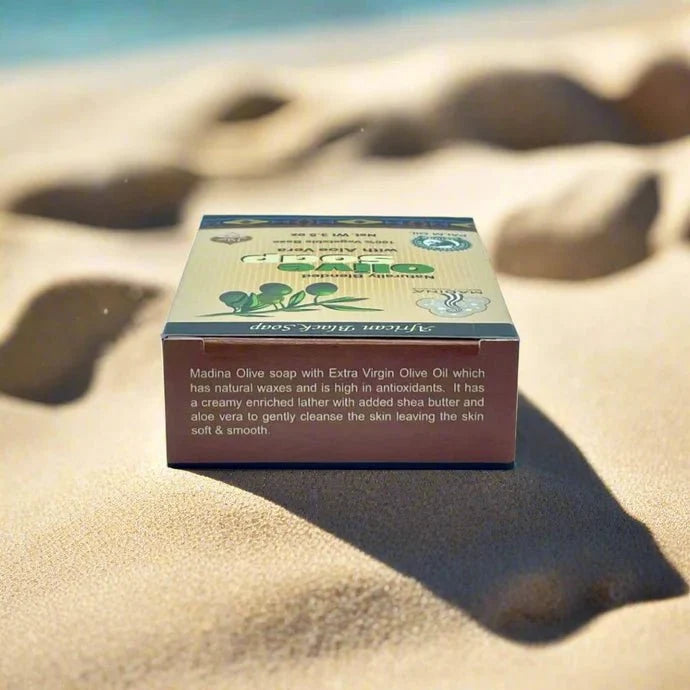 African Black soap with olive and aloe vera, 3.5oz, natural blend of moisturizing ingredients in a bar soap.