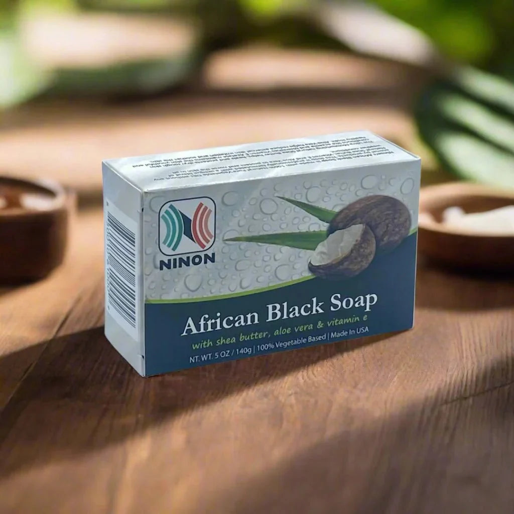 African Black Soap with Shea Butter in 5oz / 140g, natural black soap bar infused with moisturizing shea butter.