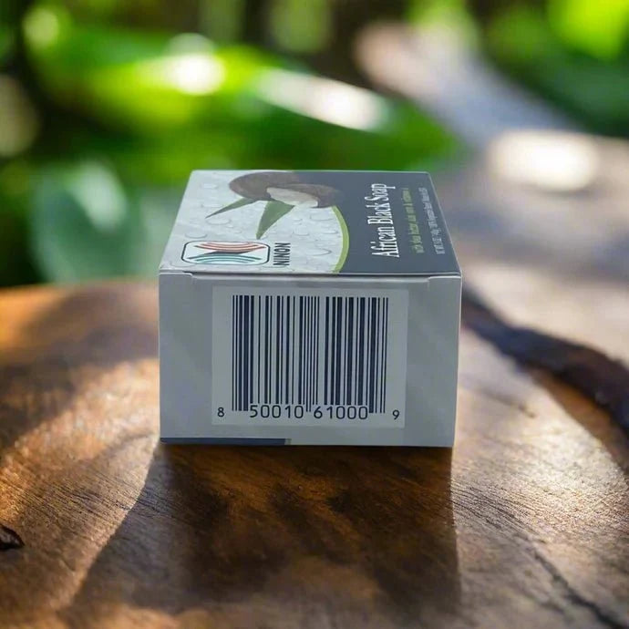 African Black Soap with Shea Butter in 5oz/140g, featuring dark natural soap with shea butter for cleansing and moisturizing.