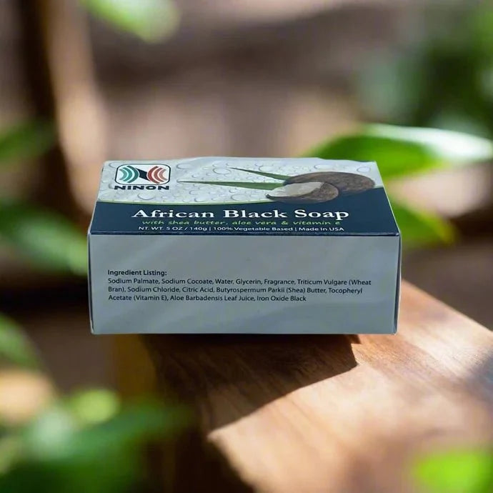African Black Soap with Shea Butter in a 5oz bar, showcasing the dark, natural soap infused with moisturizing shea butter.