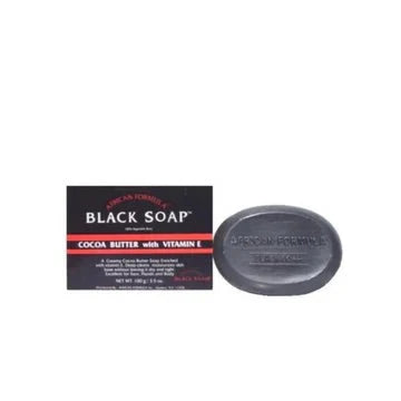 African Formula Black Soap with cocoa butter and vitamin E, 3.5 oz, bar showing its rich black soap texture and ingredients.