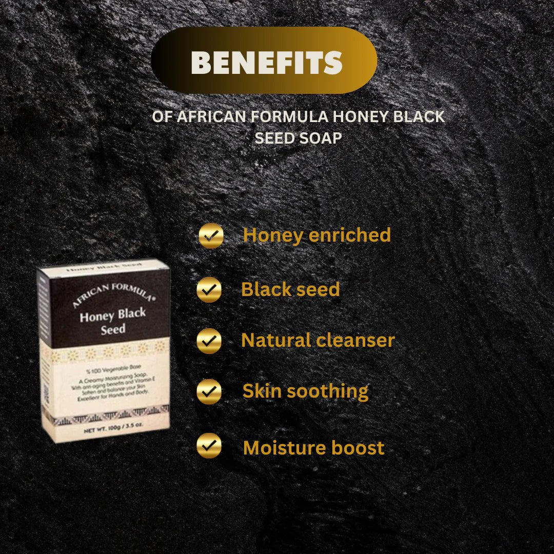 African Formula Honey Black Seed Soap in 3.5 oz bar, featuring natural black seed and honey ingredients for skin nourishment.