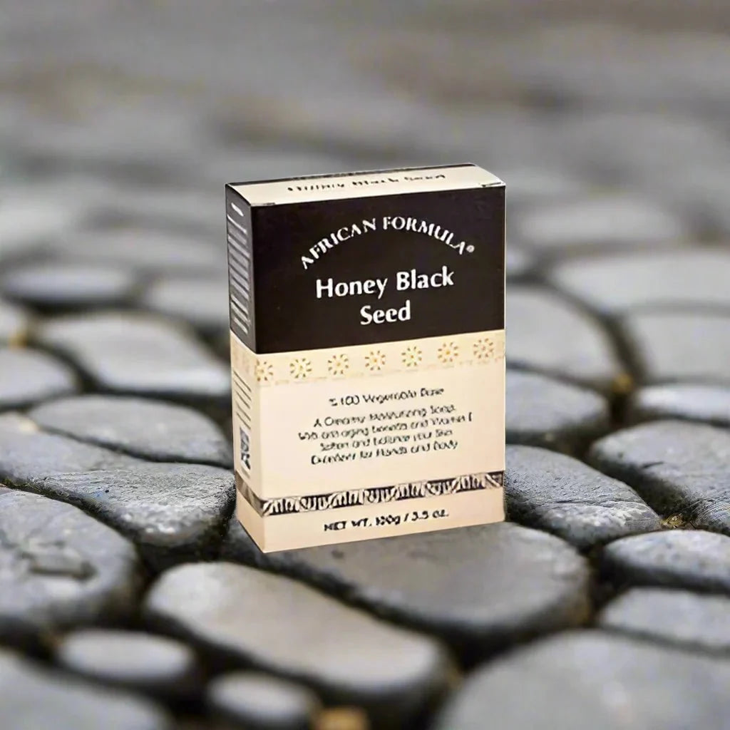 African Formula Honey Black Seed Soap in 3.5 oz bar, featuring natural ingredients and black seed for skin nourishment.