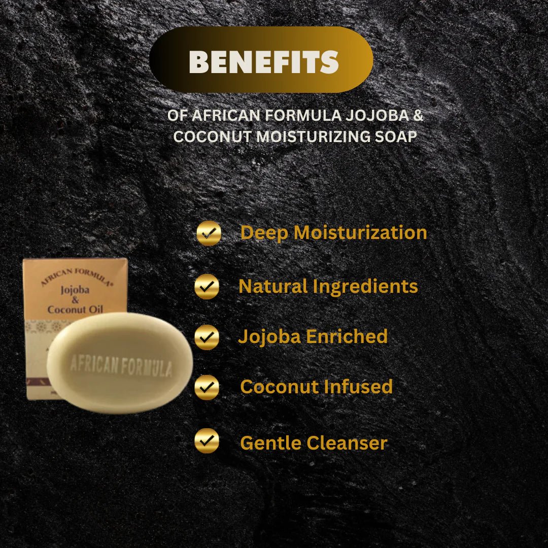 African Formula Jojoba and Coconut Moisturizing Soap in 3.5 oz bar showing smooth soap with Jojoba seeds and coconut imagery