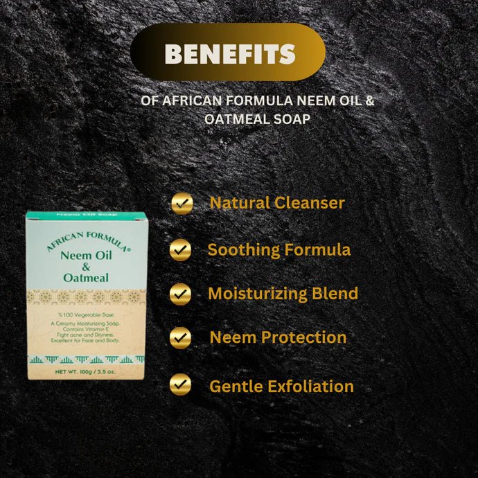 African Formula Neem & Oatmeal Soap bar, 3.5 oz / 100g, featuring natural ingredients with a textured oatmeal surface.