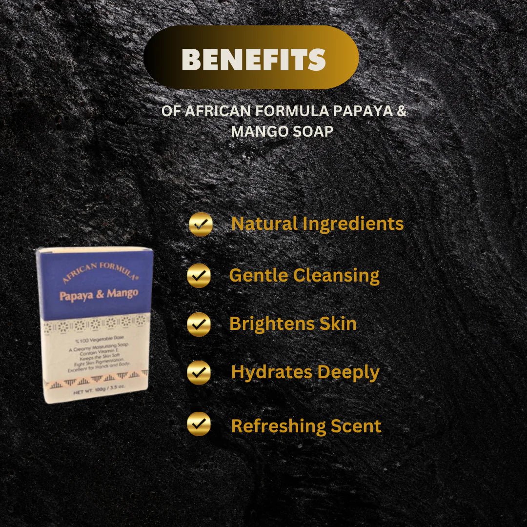 African Formula Papaya and Mango soap bar, 3.5 oz, with vibrant fruit imagery and textured soap surface.