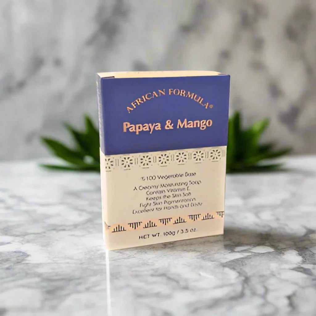 African Formula Papaya & Mango Soap bar, 3.5 oz, with fresh fruit ingredients and vibrant packaging.