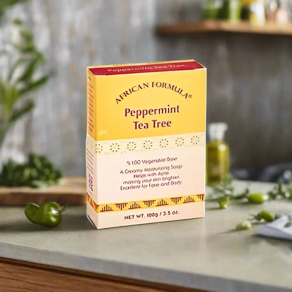 African Formula Peppermint Tea Tree Soap in 3.5 oz bar, featuring refreshing peppermint and tea tree for cleansing and skin soothing.