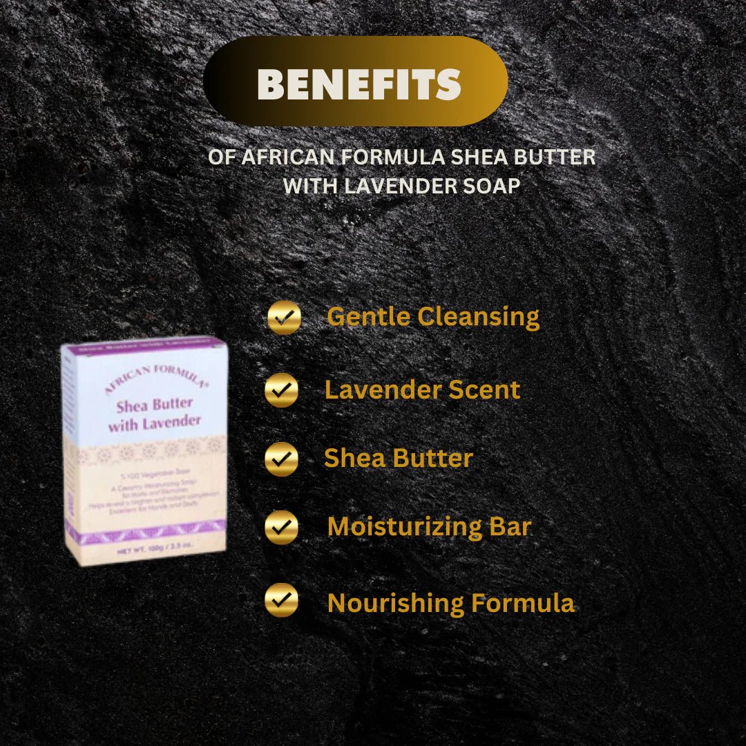 African Formula Shea Butter with Lavender Soap in 3.5 oz bar, featuring rich shea and calming lavender scent.