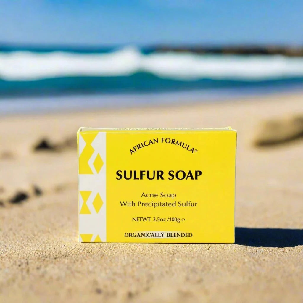African Formula sulfur soap bar, 3.5oz, natural skincare product with a white soap bar featuring a smooth surface.