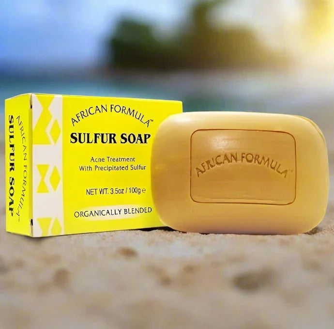 African Formula sulfur soap bar, 3.5oz, natural skincare product with a white soap bar for skin cleansing and treatment.