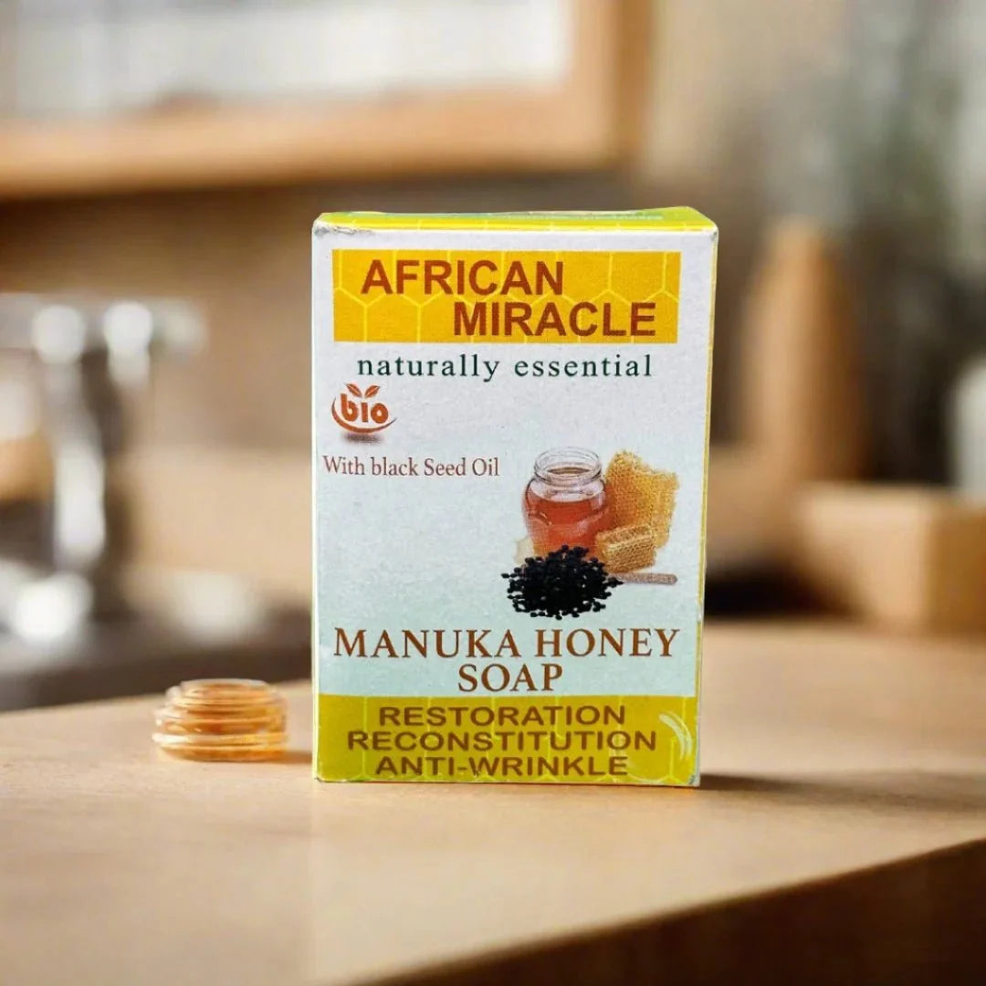 African Miracle Blackseed Honey Soap 200g bar featuring natural blackseed and honey ingredients in a clear soap package.