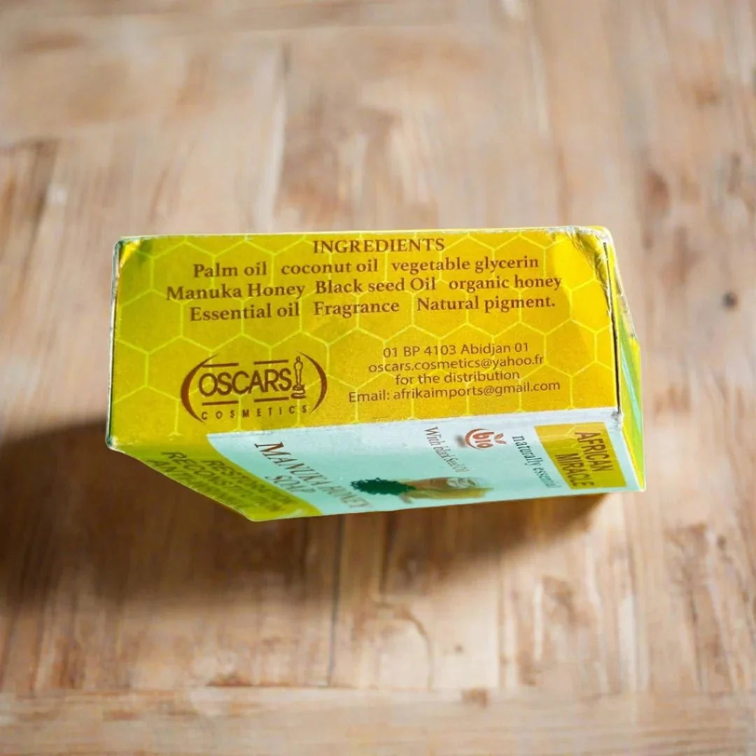 African Miracle Blackseed Honey Soap 200g with natural ingredients, showcasing the soap's blackseed and honey-infused formula.