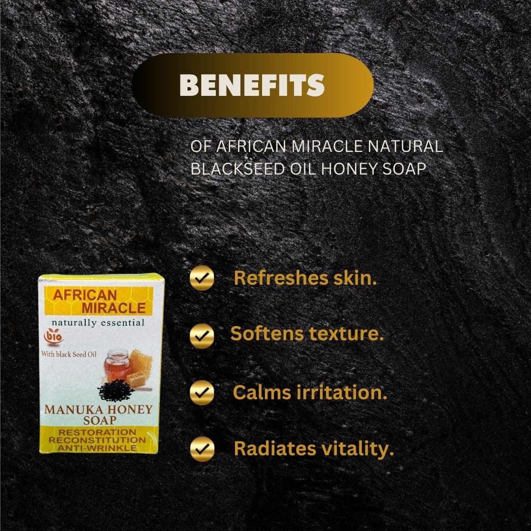 African Miracle Blackseed Honey Soap 200g bar with natural blackseed and honey, showcasing the soap's textured surface and ingredients.