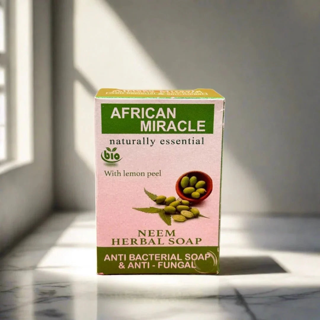 African Miracle Natural Neem Herbal Soap 200g bar with herbal ingredients, showcasing a fresh, natural soap product.