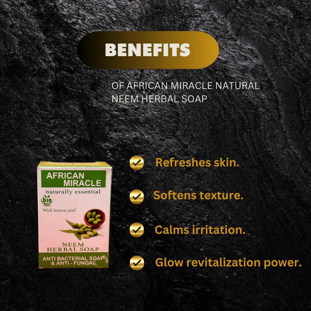 African Miracle Natural Neem Herbal Soap 200g bar with fresh neem leaves and herbal ingredients, ideal for skin cleansing and natural care.