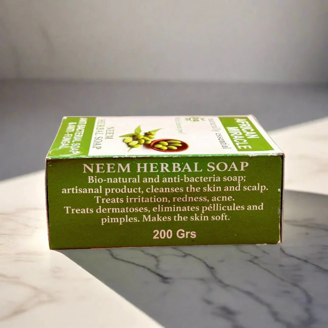 African Miracle Natural Neem Herbal Soap 200g with herbal ingredients, showcasing the bar's textured surface and natural neem infusion.