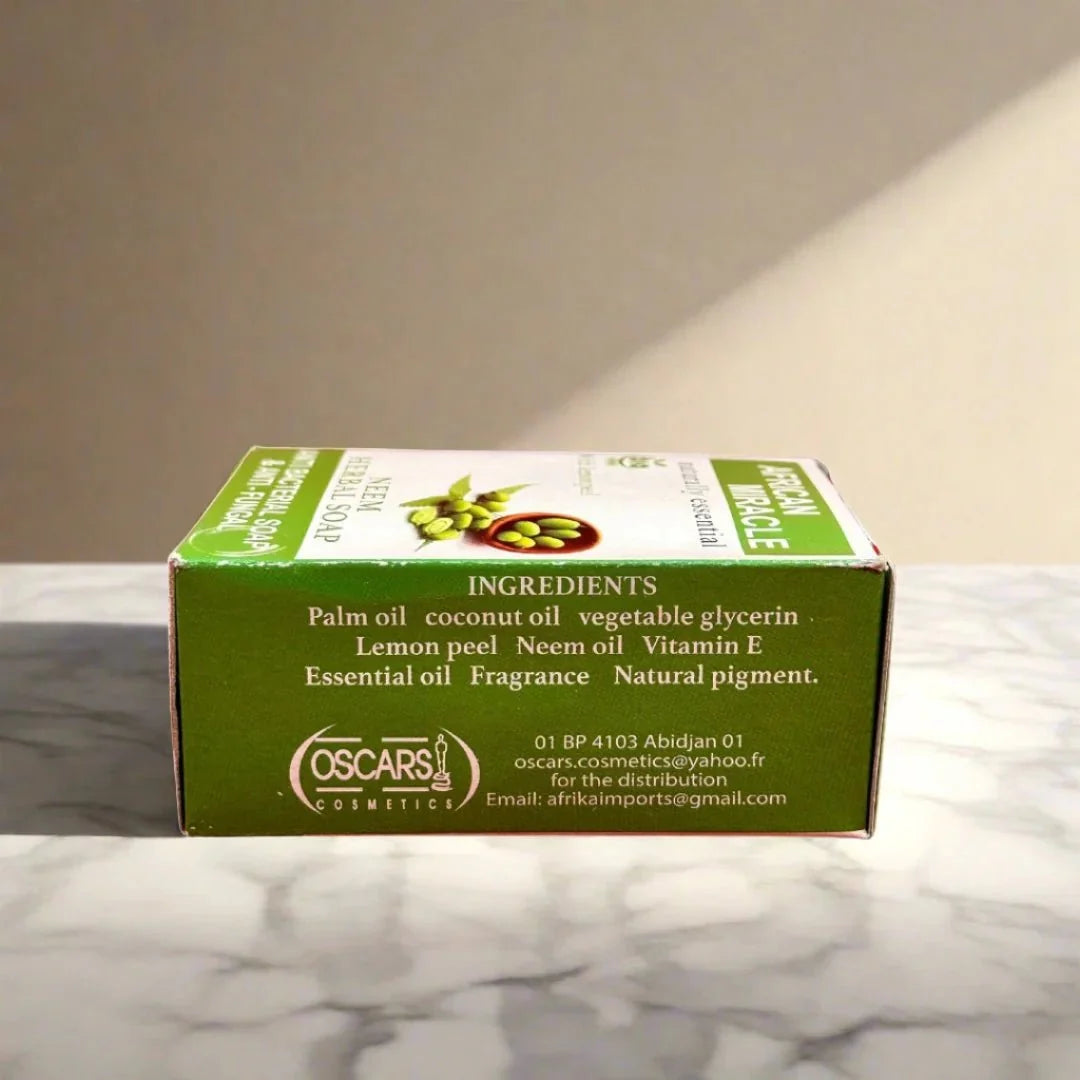 African Miracle Natural Neem Herbal Soap 200g bar with herbal ingredients, showcasing a traditional soap for skin cleansing.