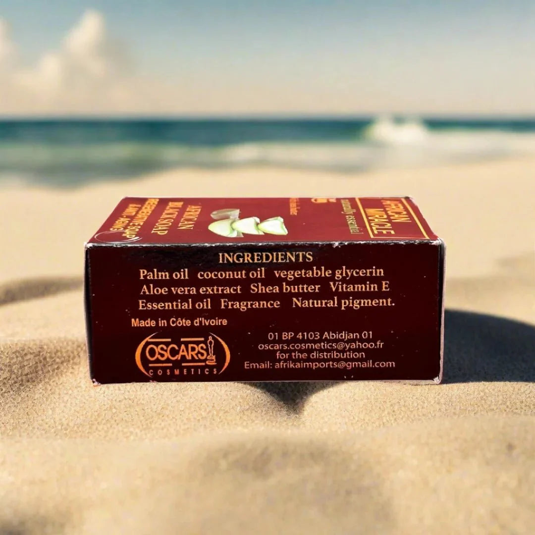 African Miracle Natural Shea Butter Black Soap in 200g, showing the soap's dark, smooth texture and packaging for skin cleansing.