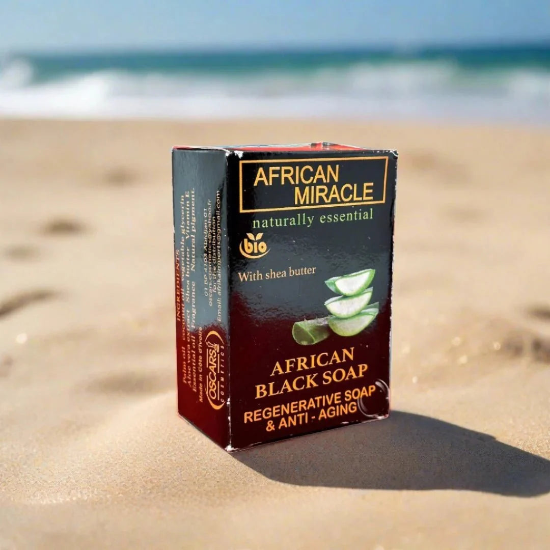 African Miracle Natural Shea Butter Black Soap in a 200g bar, showcasing its rich texture and traditional black soap appearance.