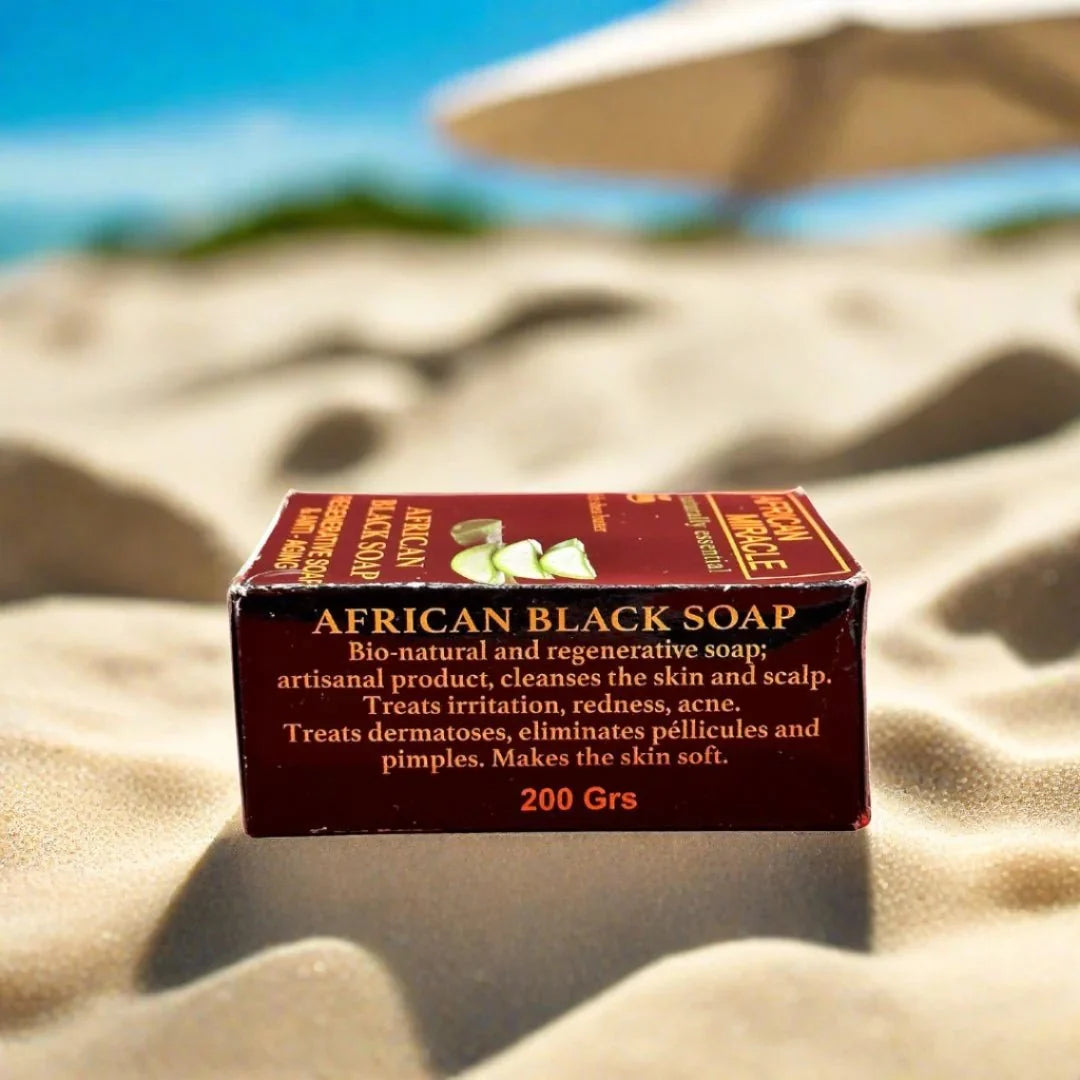 African Miracle Natural Shea Butter Black Soap in 200g, showing the soap's dark color and packaging with African Miracle branding.