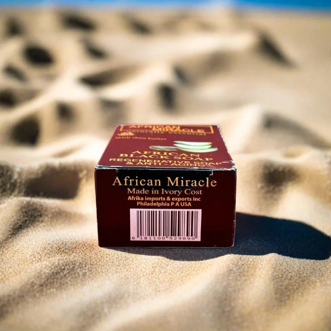 African Miracle Natural Shea Butter Black Soap 200g bar, showcasing a smooth black soap with shea butter ingredients.