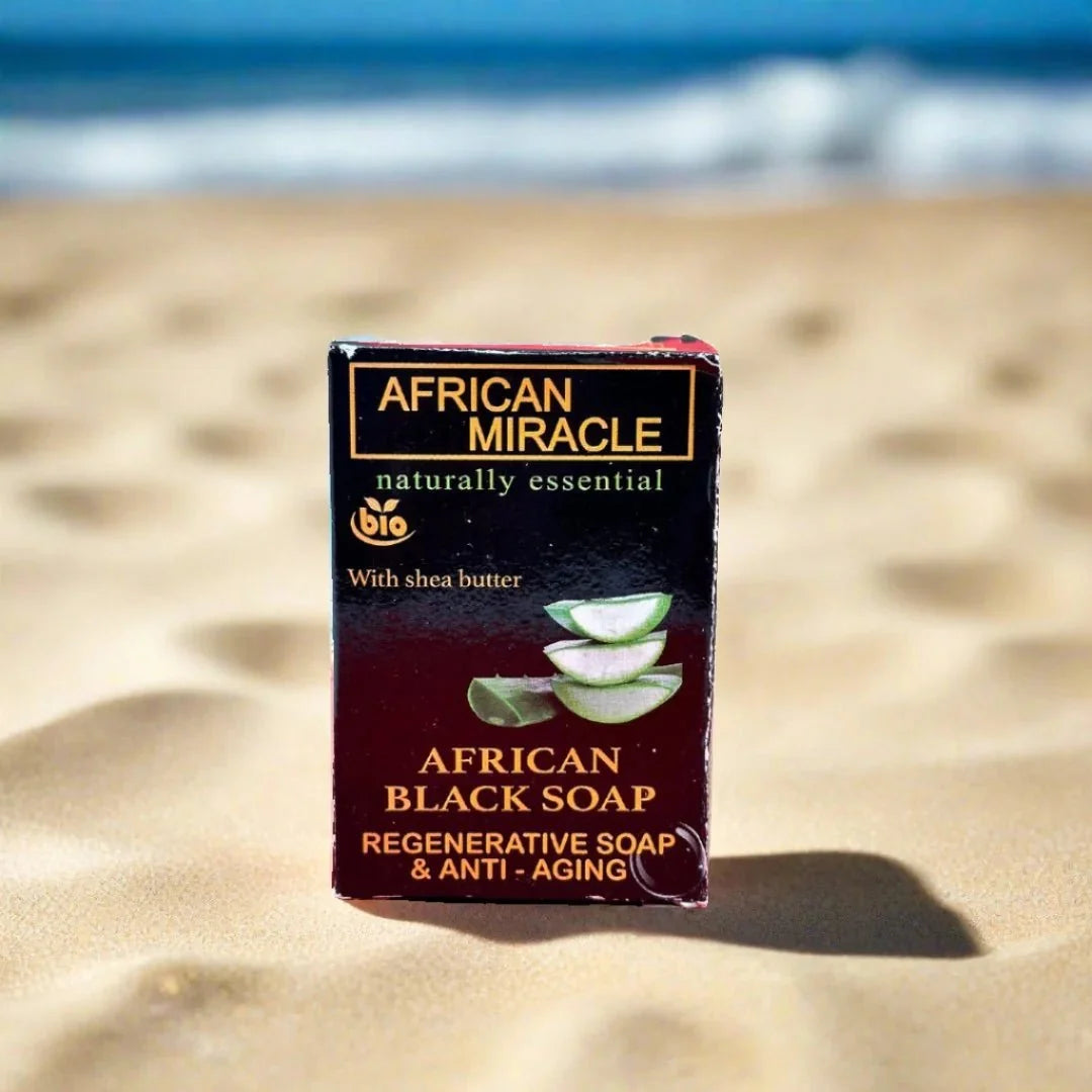 African Miracle Natural Shea Butter Black Soap 200g, creamy black soap bar with shea butter for skin cleansing and moisturizing.