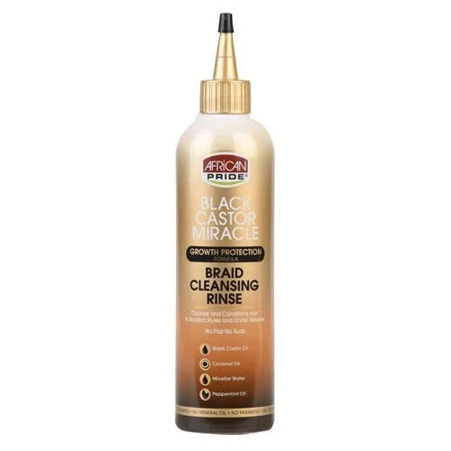 African Pride Black Castor Miracle Braid & Scalp Cleansing Rinse 12 oz bottle with label and clear cap for hair cleansing.