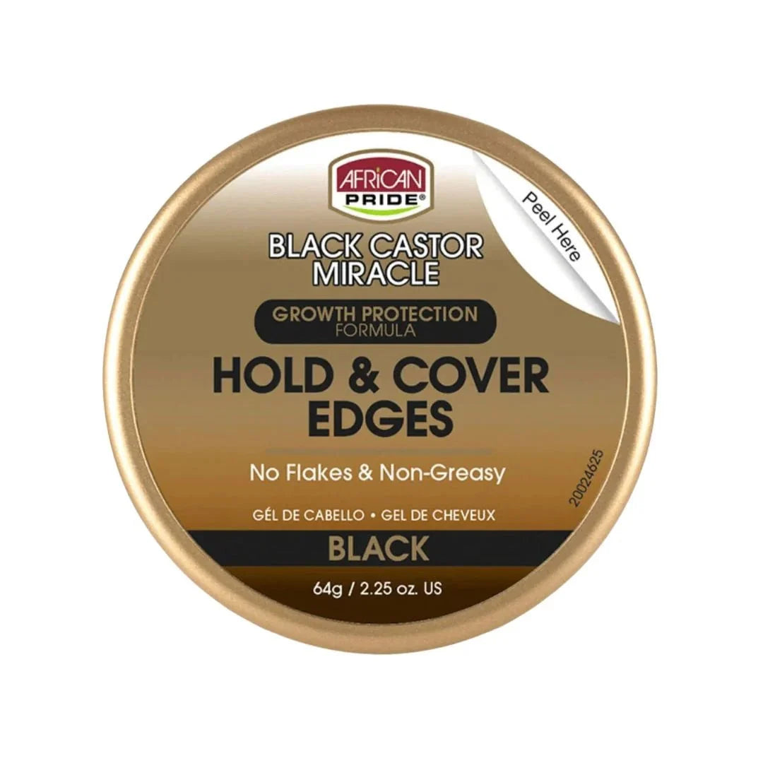 African Pride Black Castor Miracle hold and cover edges in a 2.25 oz jar, with black castor oil for hair edge styling.