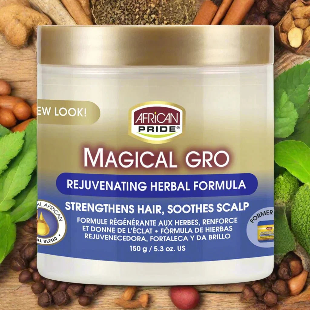 African Pride Magical Gro Herbal Formula 5.3 oz bottle with herbal ingredients for hair growth and scalp health