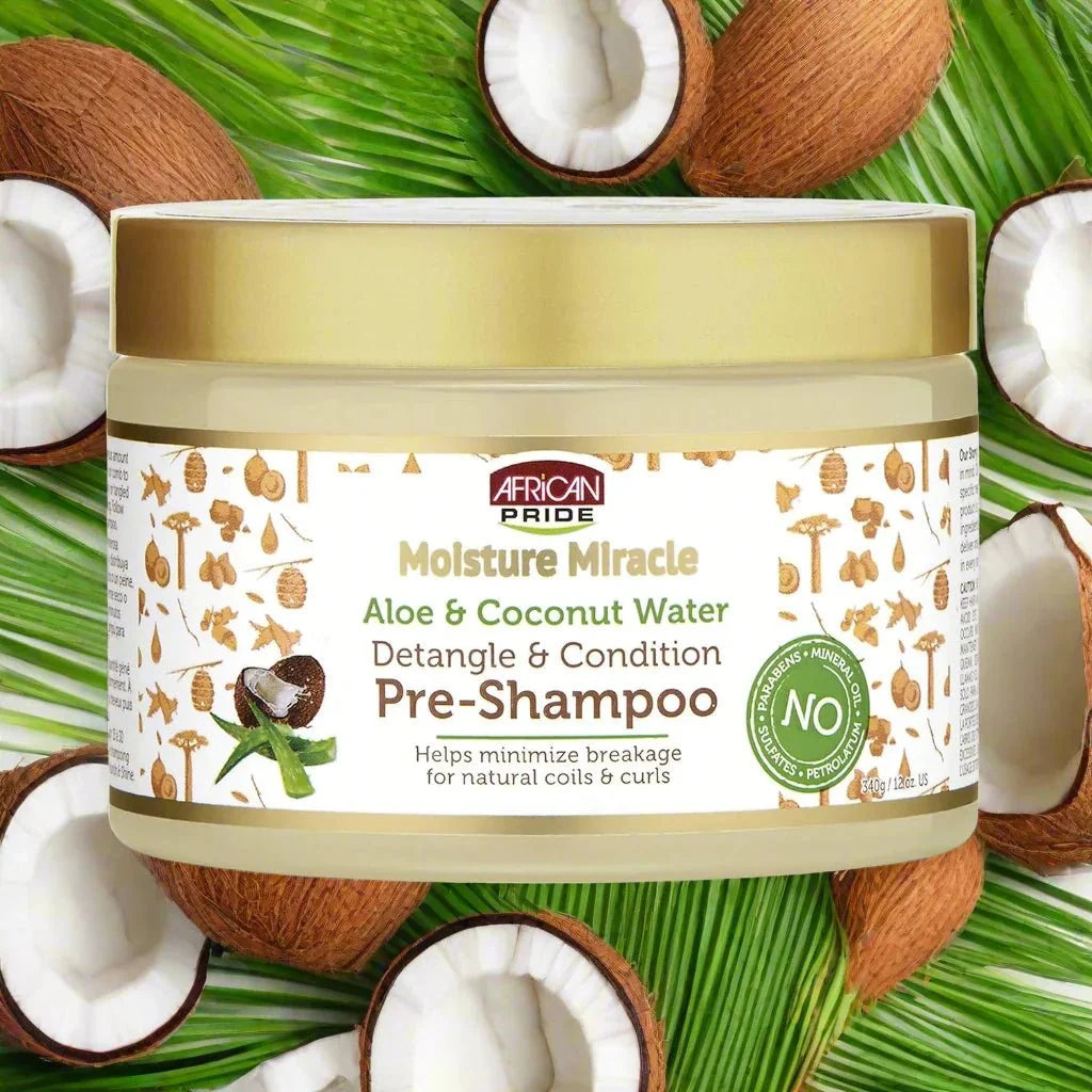 African Pride Moisture Miracle Aloe & Coconut Water Pre-Shampoo bottle, 12 oz, with aloe and coconut water ingredients visible.