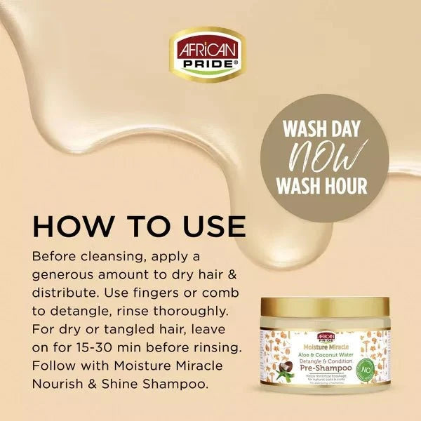 African Pride Moisture Miracle Aloe and Coconut Water Pre-Shampoo bottle, 12 oz, with vibrant label and clear product packaging.