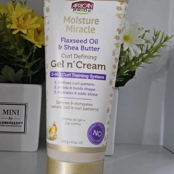 African Pride Moisture Miracle Gel N' Cream 6 oz jar showcasing the hydrating gel and cream formula in a clear container.