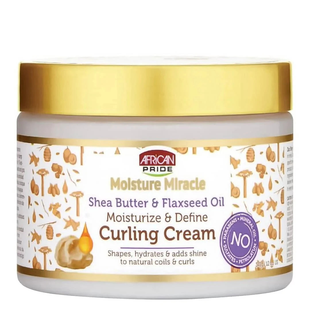 African Pride Moisture Miracle Shea Butter and Flaxseed Oil Curling Cream, 12 oz, showing the jar with rich cream and natural ingredients.
