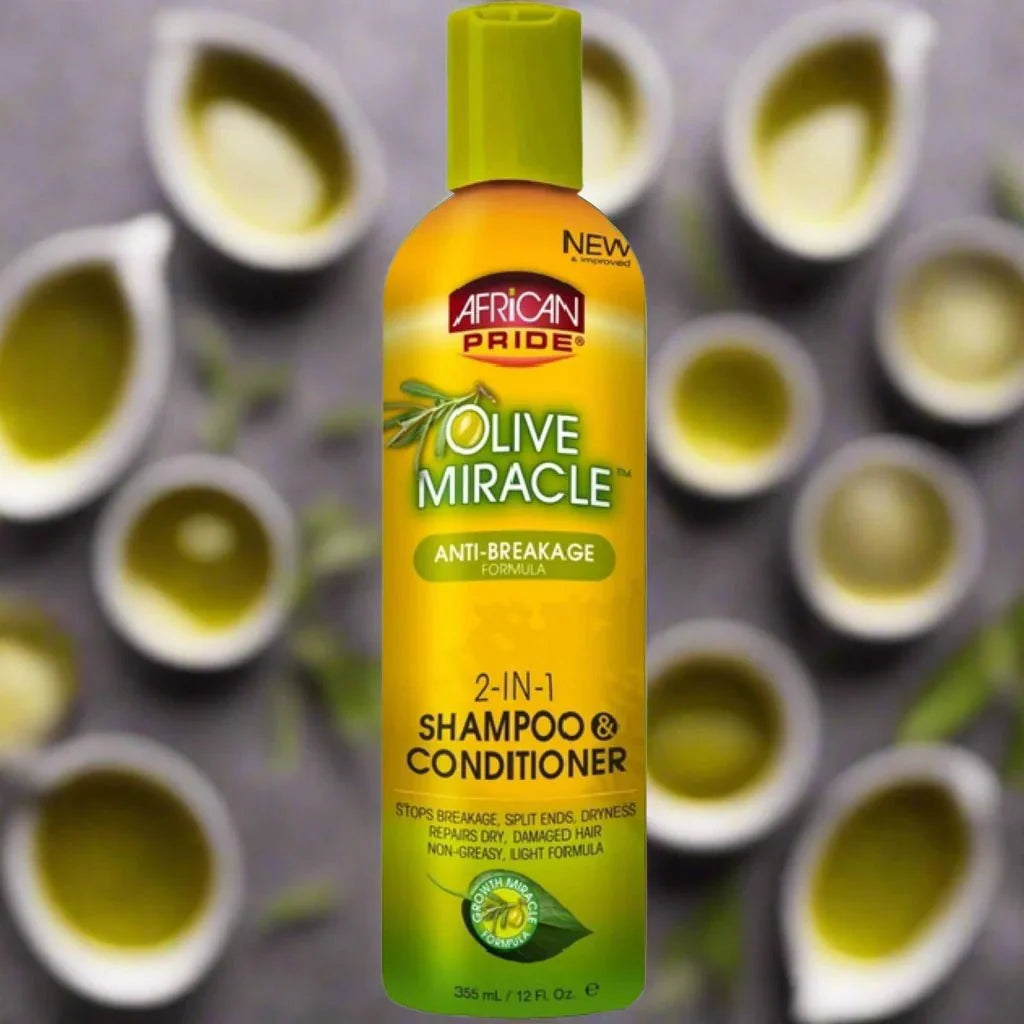 African Pride Olive Miracle 2-in-1 Shampoo and Conditioner in a 12 oz bottle, featuring nourishing olive extract for healthy hair.