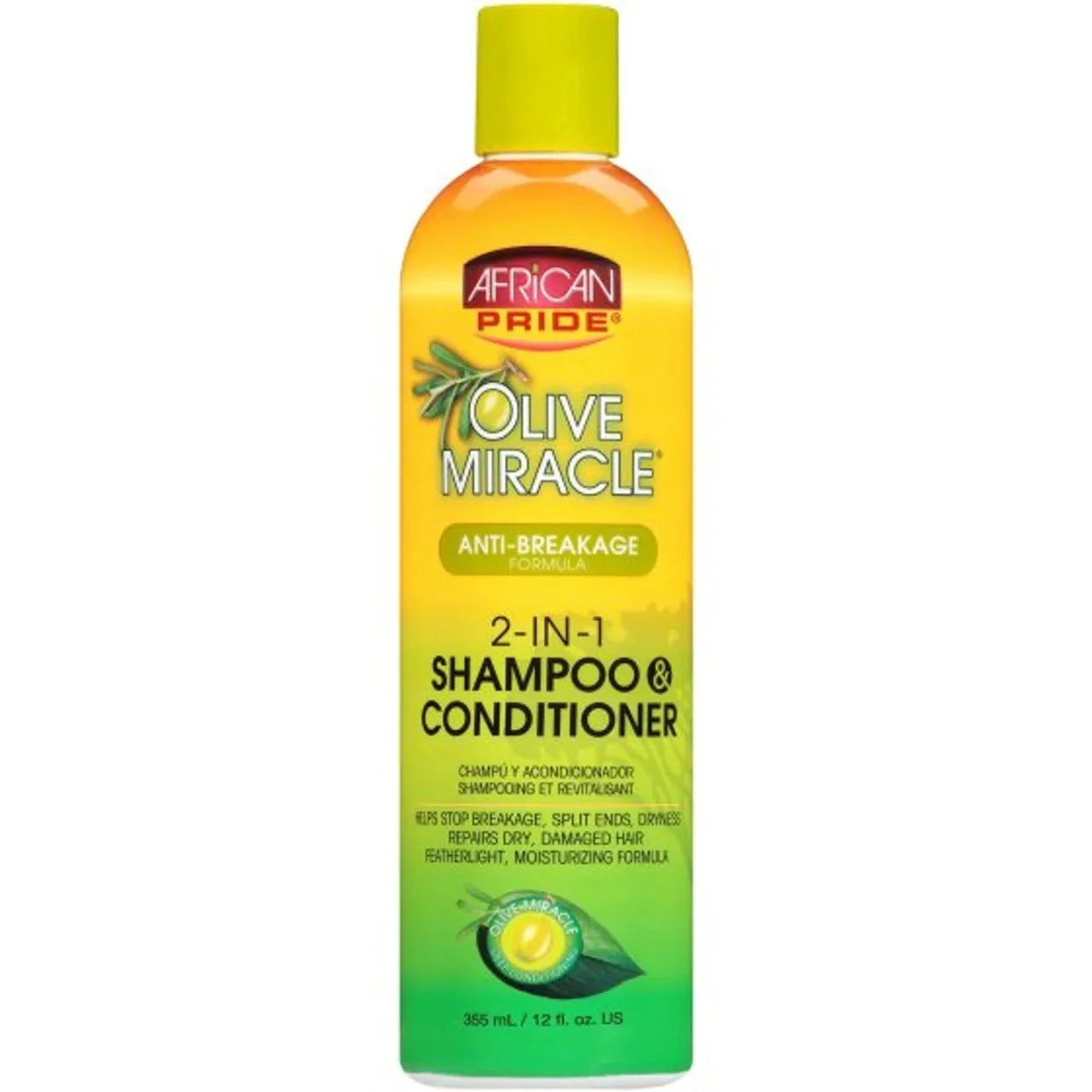 African Pride Olive Miracle 2-in-1 Shampoo and Conditioner 12 oz bottle with label and pump dispenser.