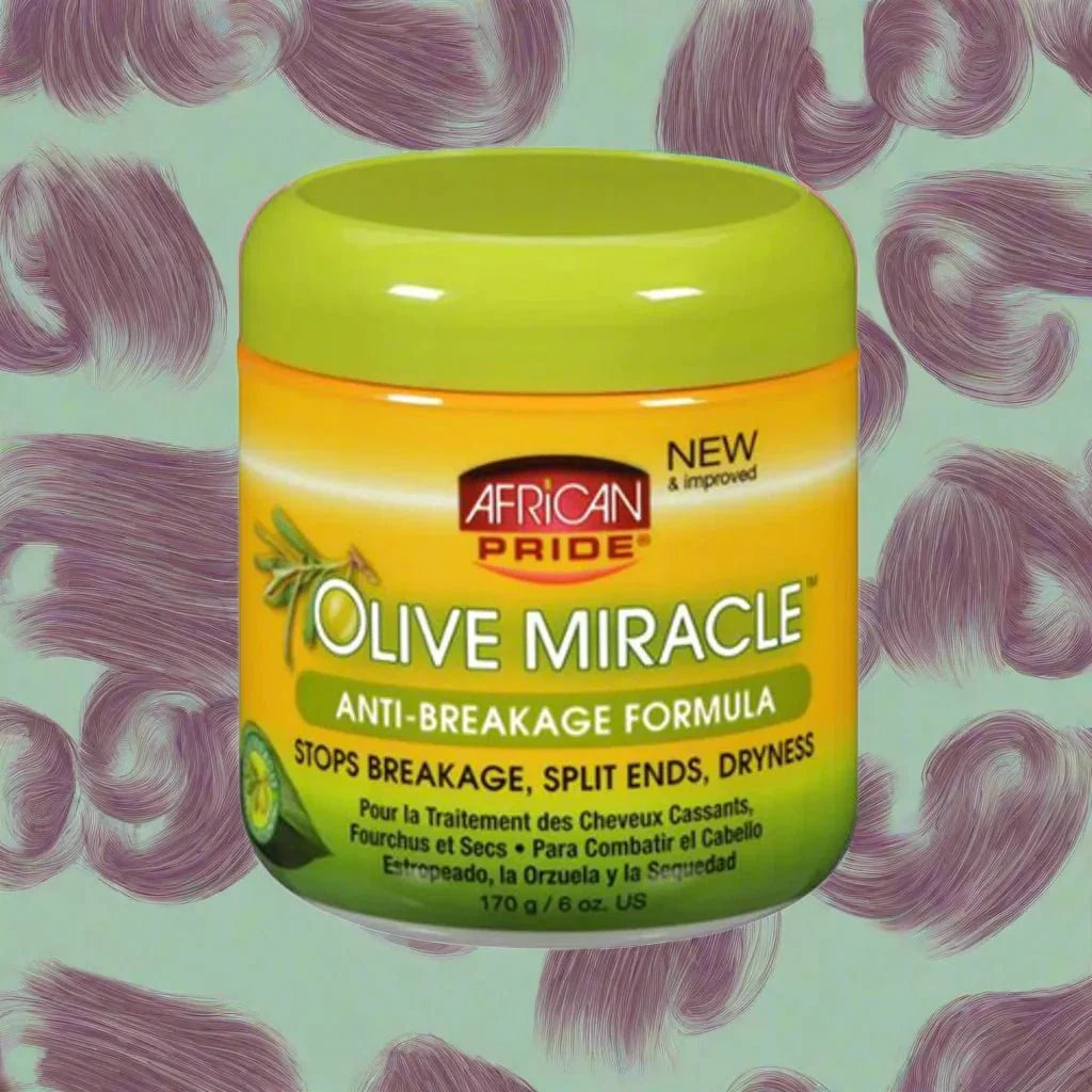 African Pride Olive Miracle Olive Oil Crème in a 6 oz jar, showing the creamy texture and product label.