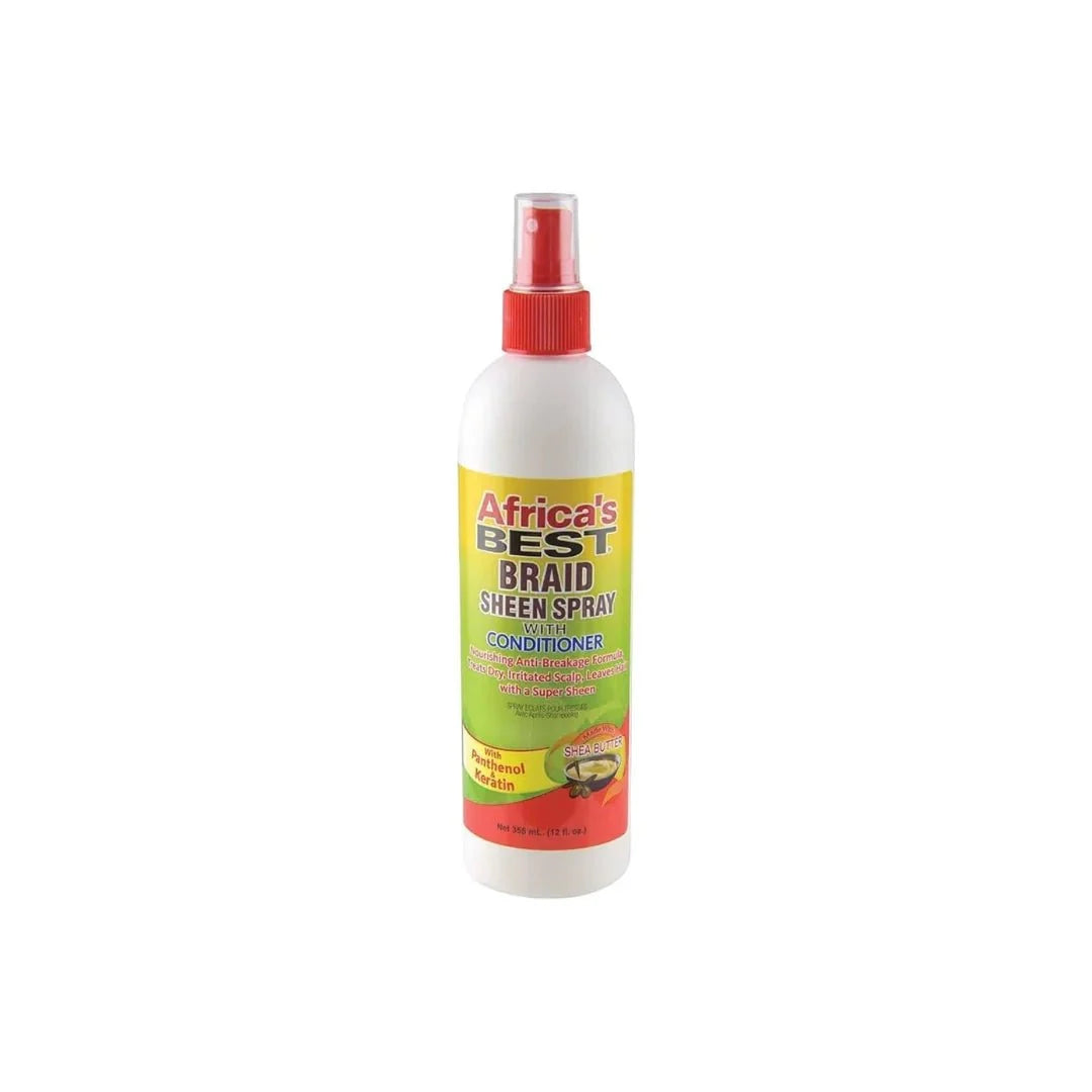 Africa's Best Braid Sheen Spray 12oz bottle with spray nozzle, designed for shiny, well-maintained braids and hair care.