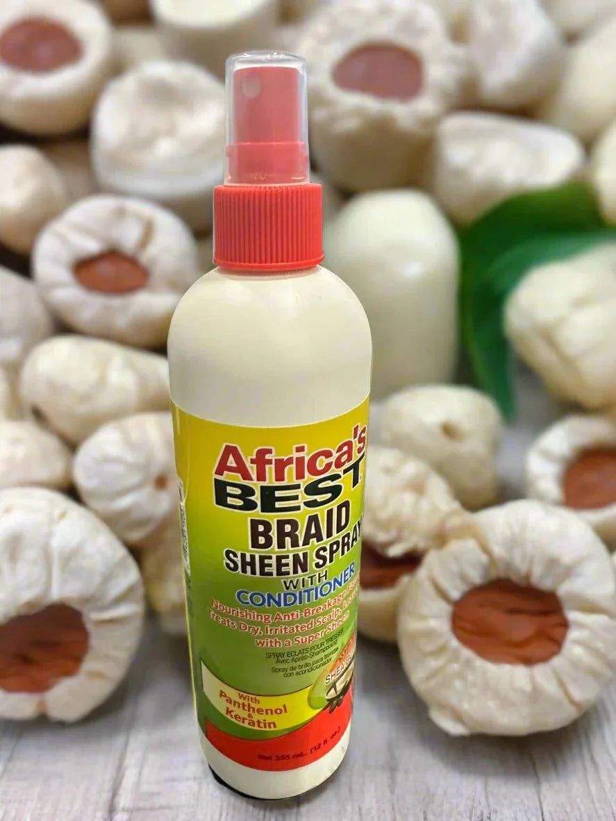 Africa's Best Braid Sheen Spray with Conditioner in 12oz bottle, featuring a spray nozzle and labeled for hair conditioning and shine.