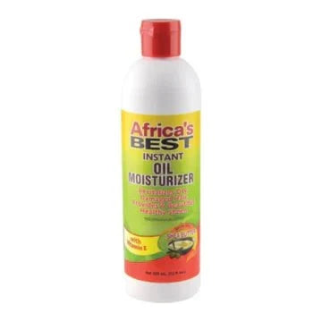 Africa's Best Instant Oil Moisturizer 12oz bottle with a pump dispenser, featuring a clear label and golden-colored moisturizer inside