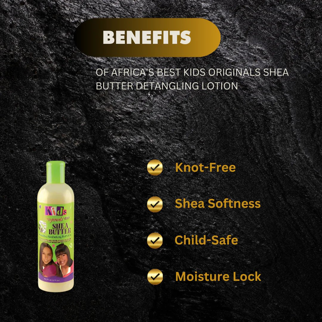 Africa's Best Kids Shea Butter Detangling Lotion in 12oz bottle, with kids-friendly formula for smooth, manageable hair.