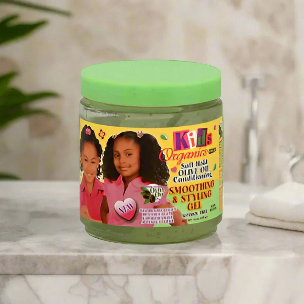 Africa's Best Kids Originals Soft Hold Olive Oil Styling Gel in 15oz jar, with a clear view of the product label and packaging.
