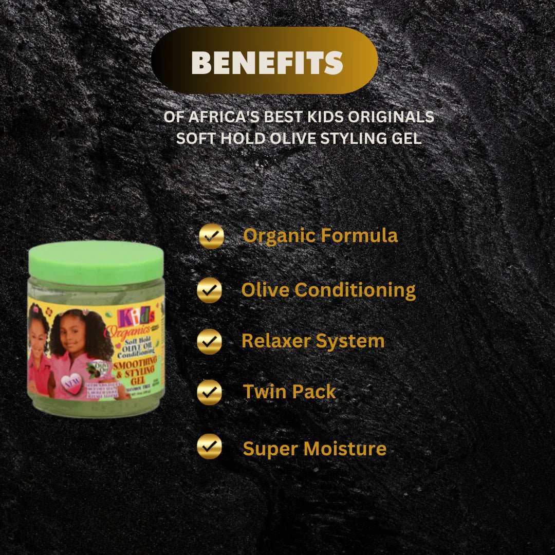 Africa's Best Kids Originals Soft Hold Olive Oil Styling Gel in a 15oz container, featuring a clear gel with a gentle formula for children's hair.