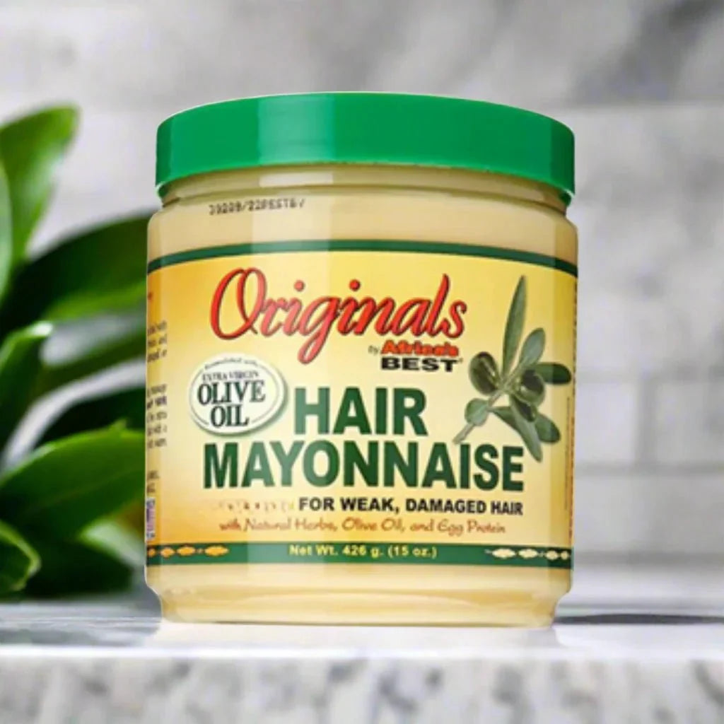 Africa's Best Originals Hair Mayonnaise Conditioner in 15oz jar showing smooth, creamy texture for nourishing natural hair.